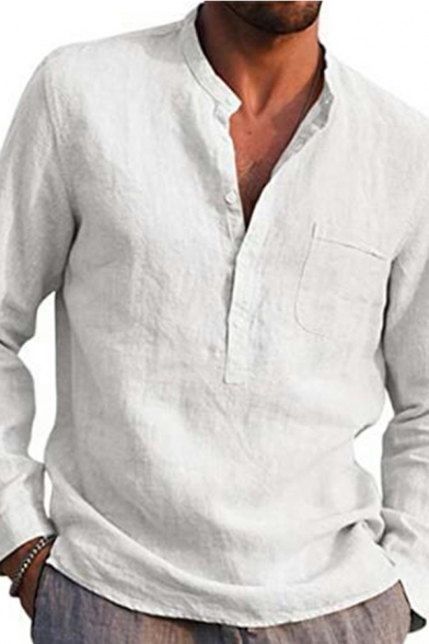 Men Modern Shirt Pure Color Long Sleeve Collarless Button-down Regular Fit Shirt Top