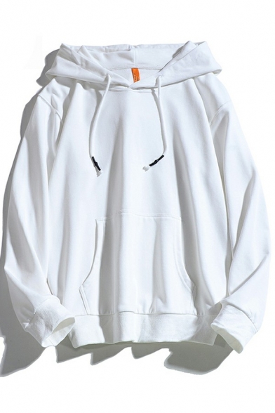 Men Trendy Hoodie Pure Color Long Sleeves Kangaroo Pocket Drawstring Hooded Relaxed Fit Sweatshirt