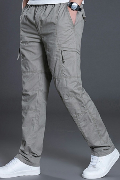 Men Trendy Pants Plain Zip Pocket Elastic Waist Full Length Straight Fitted Cargo Pants