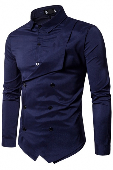 Mens Creative Shirt Patchwork Solid Color Long Sleeve Turn Down Collar Button Up Fit Shirt Top