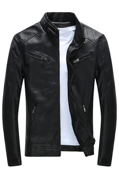 Mens Moto Jacket Solid Color Zipper Detail Stand Collar Long Sleeve Slim Fit PU Jacket