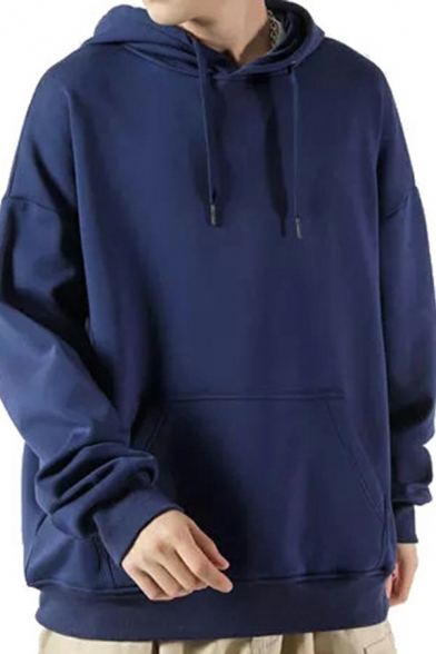 Mens Simple Hoodie Solid Color Long Sleeve Drawstring Loose Fit Hooded Sweatshirt