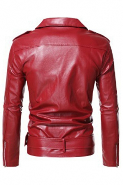 Mens Unique PU Jacket Pure Color Lapel Collar Zipper Decorated Long Sleeve Slim Fit Leather Zip-up Jacket