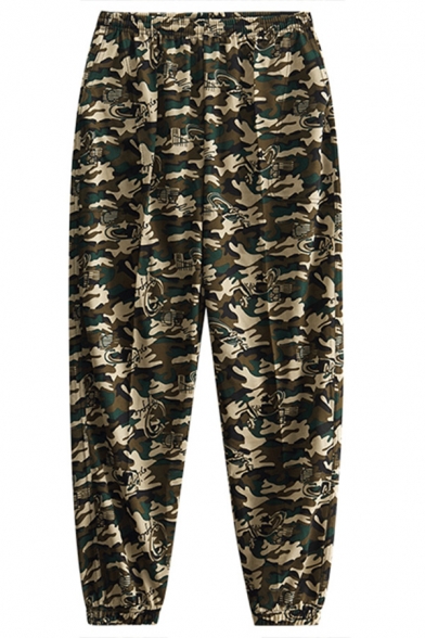 Popular Sport Trousers Camo Printed Elastic Waist Mid-Rise Full Length Tapered Trousers for Men