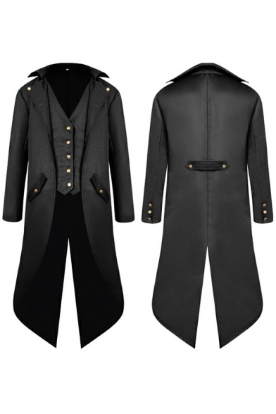 Retro Mens Suit Plain Turn Down Collar Pocket Detail Split Hem Tunic Swallow-Tailed Tuxedo Coat