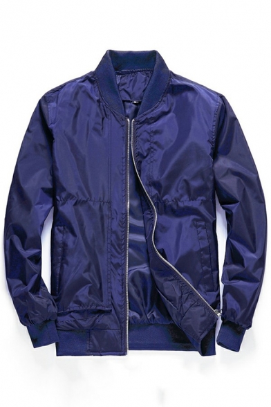 Simple Men's Baseball Jacket Solid Color Long-Sleeved Regular Fit Zip-up Flight Jacket