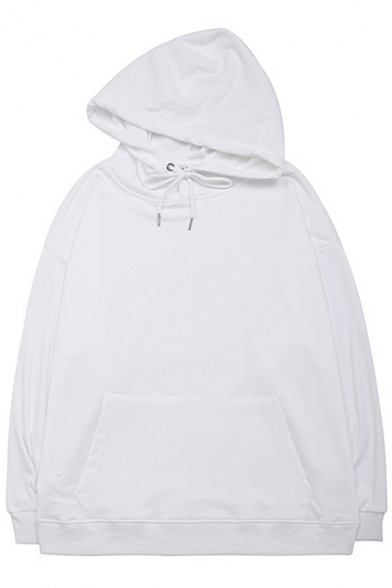 Simple Men's Hooded Sweatshirt Solid Color Long Sleeve Drawstring Loose Fitted Hooded Sweatshirt