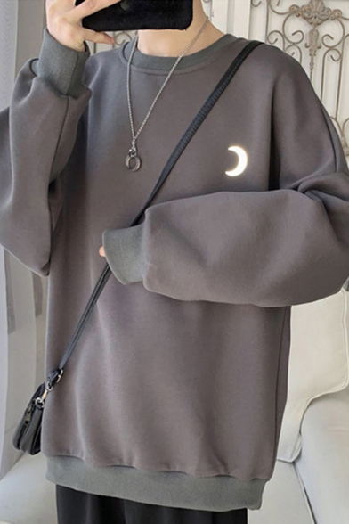 Simple Men's Sweatshirt Moon Pattern Long Sleeve Round Collar Pullover Relaxed Sweatshirt Top