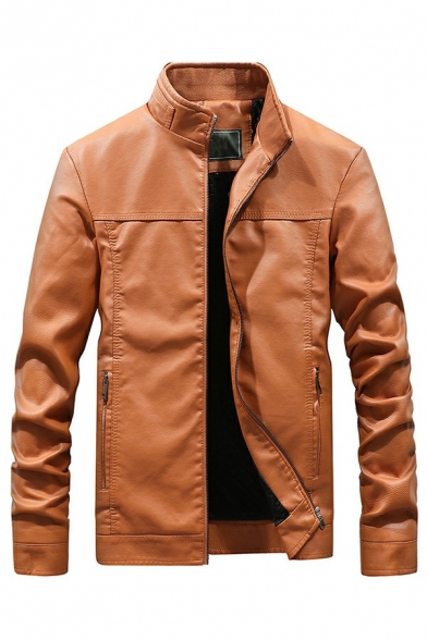 Simple PU Jacket Solid Color Zip Front Pockets Detail Stand Collar Long Sleeve Fitted PU Coat for Guys