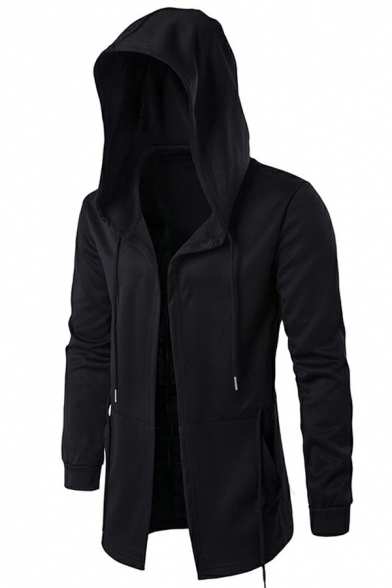 Street Look Coat Plain Long Sleeve Drawstring Detail Open Front Hooded Loose Fitted Coat for Guy