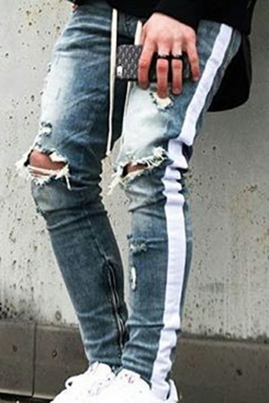 Street Look Jeans Knee Cut Stripe Side Casual Zipper Fly Ripped Skinny Jeans for Men