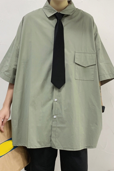 Street Look Men's Shirt Solid Color Chest Flap Pocket Half Sleeves Point Collar Button Closure Oversized Shirt Top