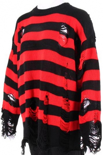 Street Look Mens Sweater Striped Long Sleeve Crew Neck Loose Pullover Knit Sweater in Red-Black