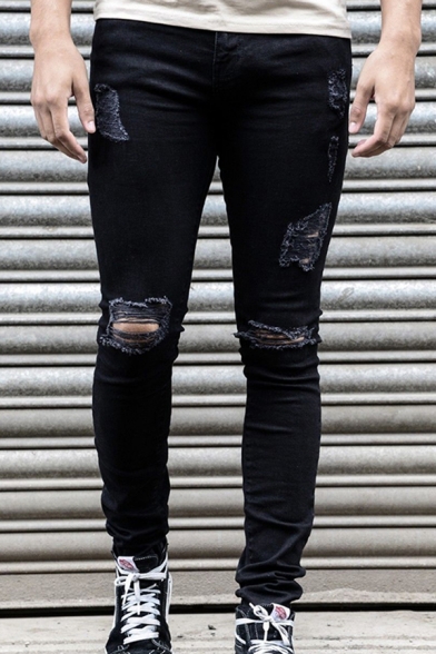 Street Style Jeans Plain Shredded Stretch Denim Two-Pocket Styling Zip-Fly Slim Fitted Jeans for Men