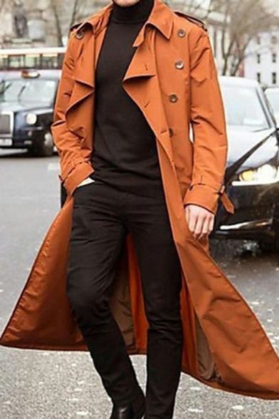 Streetwear Mens Coat Solid Color Double Breasted Long Sleeve Collar Tunic Loose Trench Coat