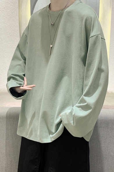 Stylish Mens Sweatshirt Plain Long-Sleeved Round Neck Relaxed Pullover Sweatshirt Top