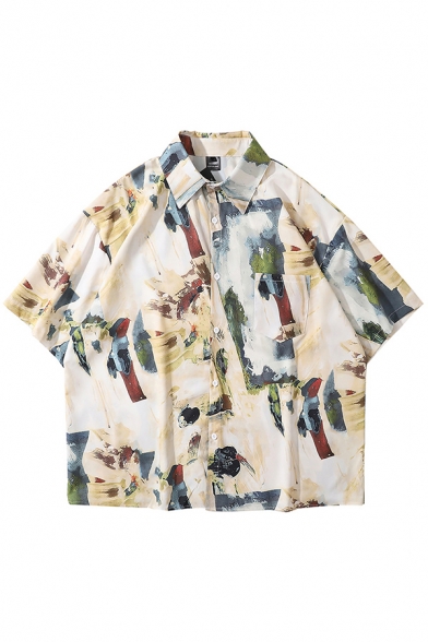 Trendy Khaki Shirt Abstract Printed Button Closure Turn-down Collar Chest Pocket Short Sleeves Loose Shirt for Men