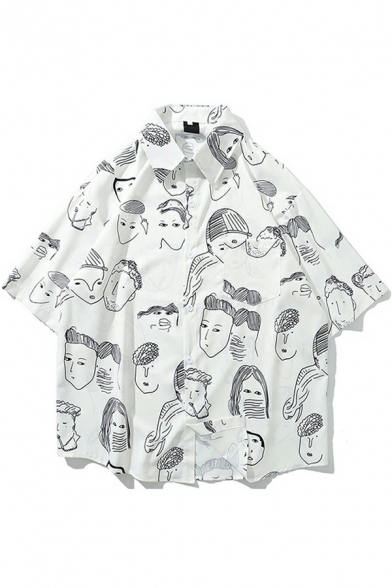 Trendy Shirt Comic Patterned Short Sleeve Turn Down Collar Button Detailed Oversize Shirt Top for Men