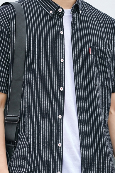 Urban Man's Shirt Stripe Pattern Single Front Pocket Button up Short-Sleeved Button-down Collar Regular Shirt