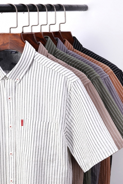 Urban Man's Shirt Stripe Pattern Single Front Pocket Button up Short-Sleeved Button-down Collar Regular Shirt