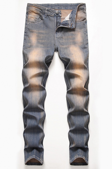 Vintage Men's Jeans Bleach Wash Pocket Decorated Zip Closure Straight Jeans