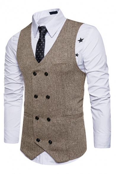 Vintage Suit Vest Pockets Decoration Double Breasted Solid Color Back Cinch Belt Slim Fit Suit Vest for Guys