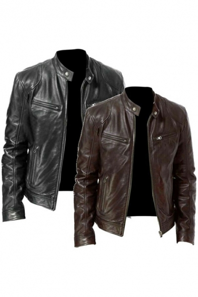 Basic Mens Leather Jacket Solid Color Pocket Detail Stand Collar Long Sleeves Zipper Closure Fitted Leather Jacket
