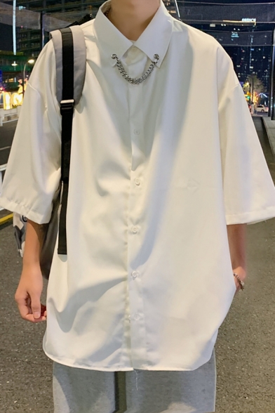 Boyish Button-up Shirt Solid Color Chain Detail Turn-down Collar 3/4 Sleeves Oversized Shirt for Men