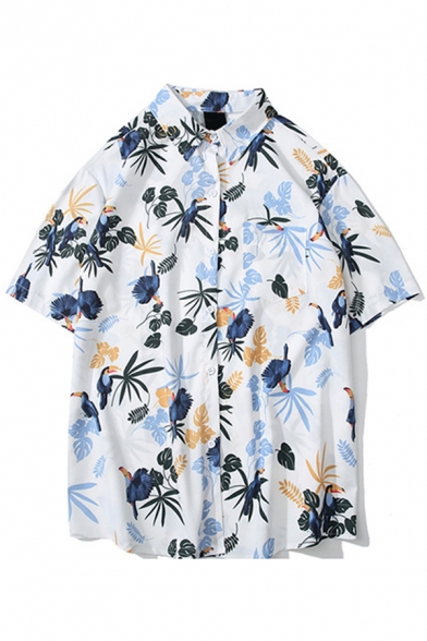 Chic Mens Shirt Tropical Plant Print Short-Sleeved Turn Down Collar Button-up Loose Shirt