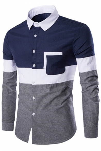 Chic Shirt Color Block Turn-down Collar Long Sleeves Slim Fit Button Up Shirt for Men