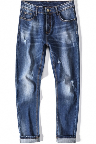 Classic Mens Jeans Light Washing Effect Denim Zip Fly Mid Rise Straight-Leg Jeans