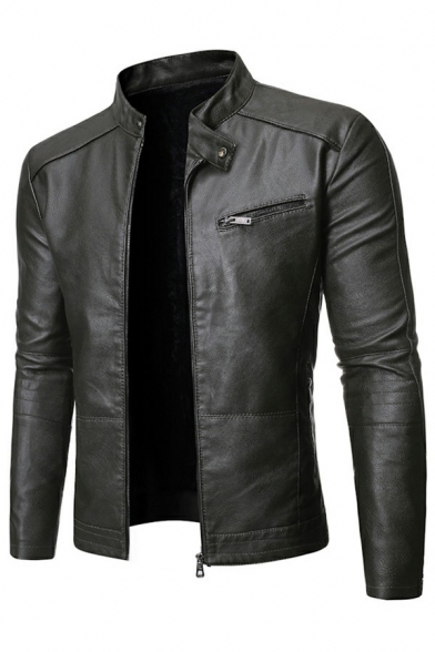 Cool Men's Leather Jacket Plain Chest Pocket Stand Collar Long Sleeves Slim Zip-up Jacket