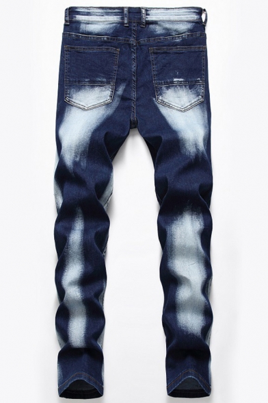 Creative Men's Jeans Bleach Wash Printed Mid Waist Zip Closure Straight Jeans