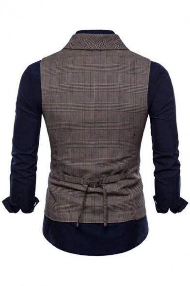 Elegant Suit Vest Plaid Pattern Double Breasted Lapel Flap Pockets Slim Vest for Men