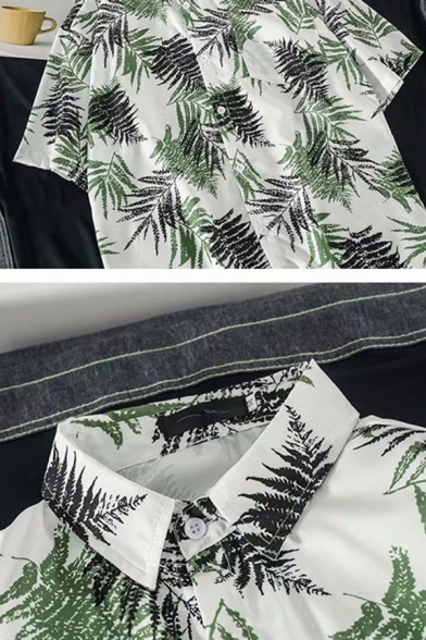 Fancy Shirt All over Tropical Leaf Pattern Short-Sleeved Point Collar Button Closure Loose Fitted Shirt Top for Men