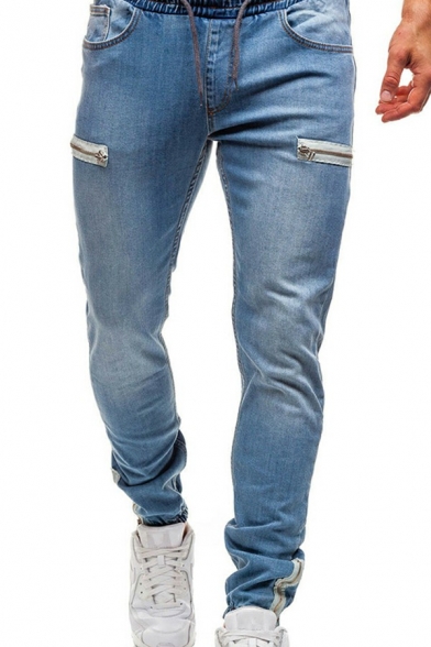 Fashionable Jeans Drawstring Waist Mid-Rise Zippered Detail Straight Jeans for Men