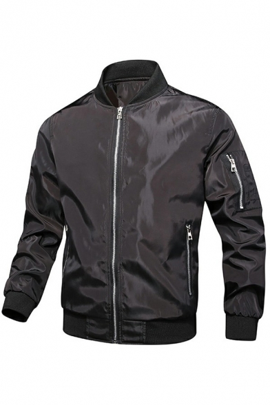 Fashionable Mens Bomber & Baseball Jackets Pure Color Zipper Long-Sleeved Stand Collar Regular Fit Jacket