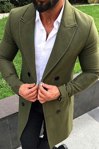 Fashionable Mens Trench Coat Solid Color Long Sleeve Lapel Collar Double Breasted Slim Fitted Trench Coat