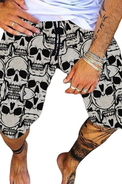 Fashionable Shorts Skull Printed Drawstring Mid Rise Straight Shorts for Men