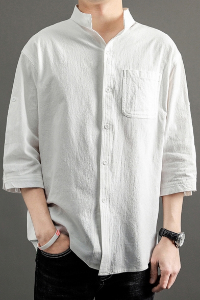 Leisure Men's Shirt Plain Linen Pocket Detail 3/4 Sleeves Stand Collar Button Closure Loose Fit Shirt Top