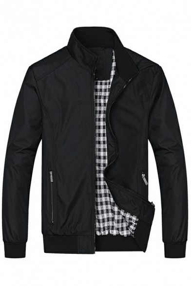 Leisure Mens Jacket Plain Zipper Long Sleeves Stand Collar Regular Fit Jacket