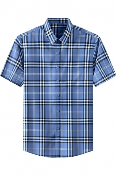 Leisure Mens Shirt Plaid Printed Button Closure Short Sleeves Turn-down Collar Fitted Shirt