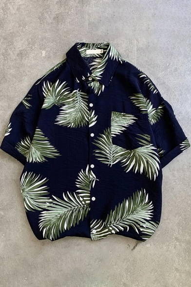 Leisure Shirt Tropical Plant Leaf Printed Button Detailed Turn-down Collar Short Sleeves Oversize Shirt for Men