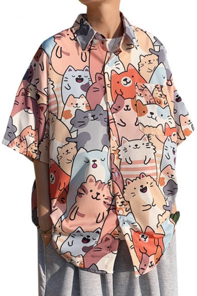 Men Casual Shirt All over Cats Print Button Detailed Turn-down Collar Half Sleeves Regular Shirt