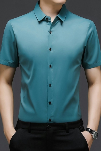 Men Dress Shirt Solid Color Turn-down Collar Button Closure Short-Sleeved Slim Fit Shirt