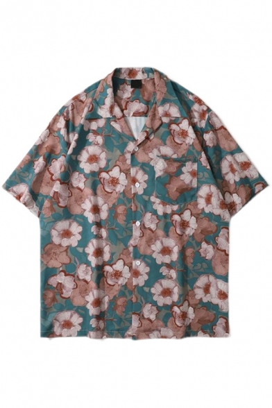 Men Leisure Shirt All over Floral Printed Button Detailed Turn-down Collar Front Pocket Short Sleeves Loose Shirt
