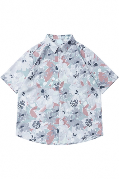 Men Leisure Shirt Floral Pattern Button up Turn-down Collar Short Sleeves Loose Fitted Shirt