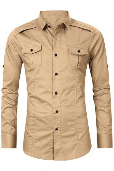 Men Leisure Shirt Solid Color Turn-down Collar Flap Pockets Button up Long Sleeve Regular Fit Shirt