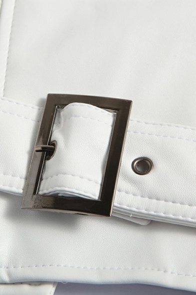 Men's Stylish PU Jacket Plain Epaulette Decorated Chest Pocket Lapel Collar Long Sleeve Zip-up Slim Leather Jacket