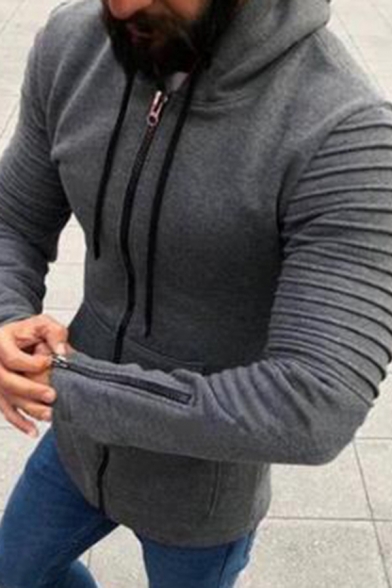 Men Sporty Hoodie Plain Folds Full Zip Side Pocket Long Sleeves Slim Fitted Hoodie